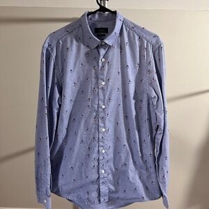 Zara Man Button Down Shirt Mens Large Blue Hockey Player Embroidered Slim Fit